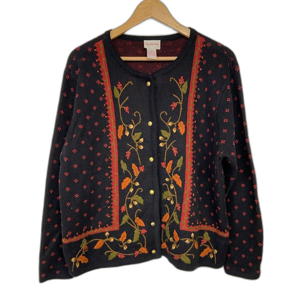 Vintage Crystal Kobe Black Cardigan Embroidered Flowers with Gold Buttons Large